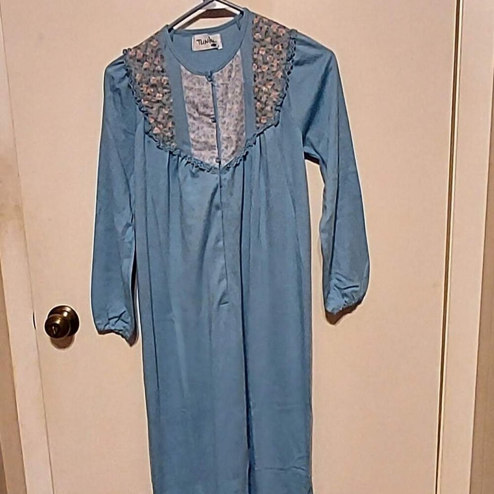 Vintage Tunica Blue Foral Lace Night Grown Sz M Button/snaps Long Sleeve